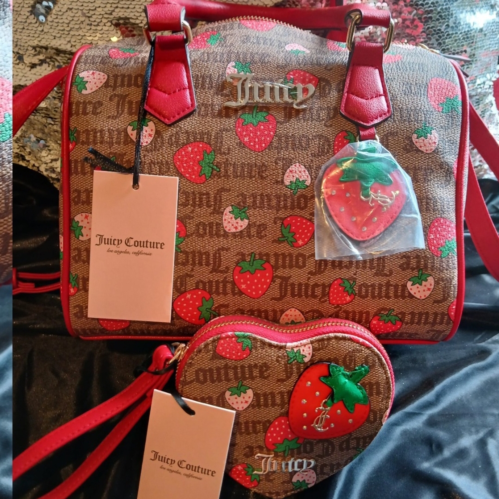 Juicy Couture Brown and Red Satchel with Strawberry Design